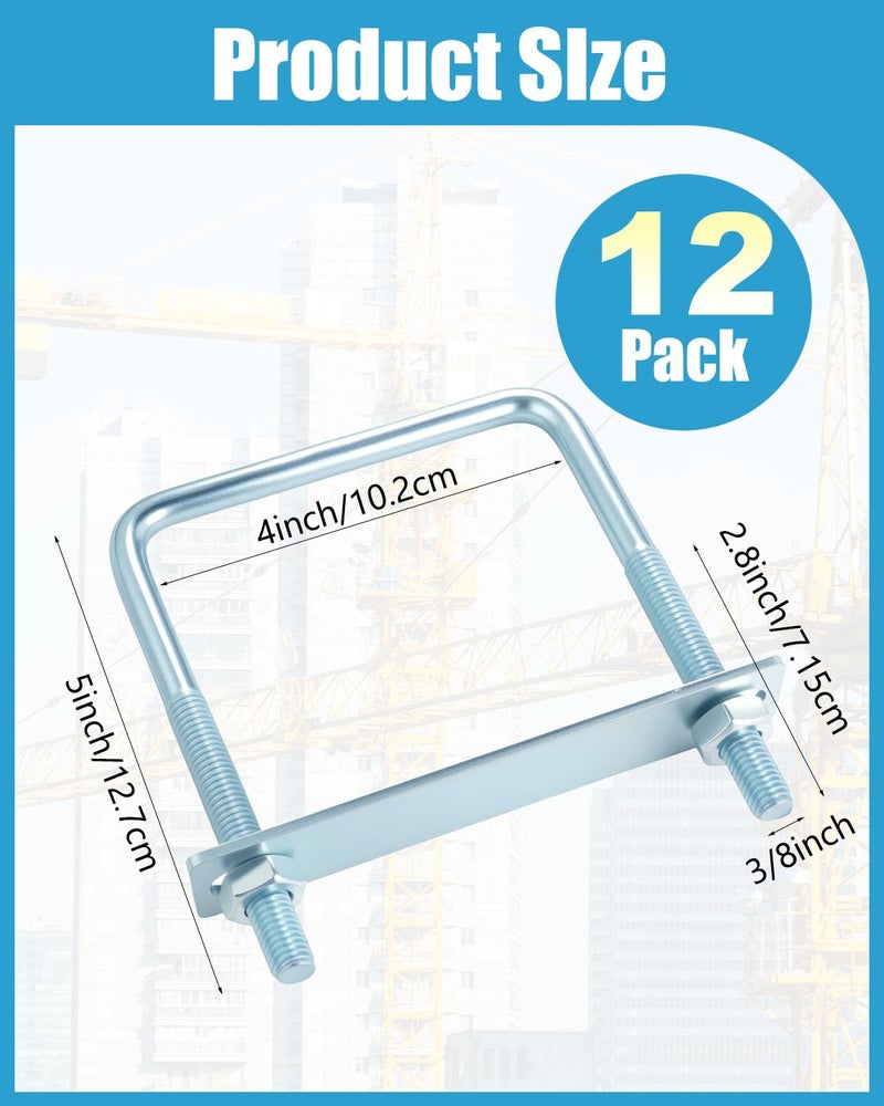 AOKLIT Store 12 Pcs Square U Bolt 4 inch Wide Zinc Plated, U Bolt Carbon Steel for Sailboat Trailers, Tube, Industrial Supplies(3/8" x 4" x 5"') - Image 2